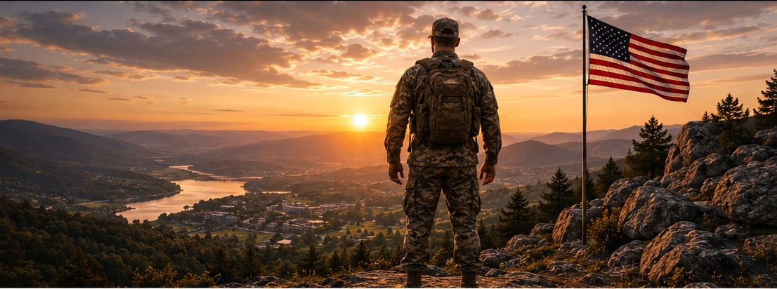 Veteran overlooking a mountain valley at sunset beside the American flag